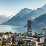 A panoramic view of a modern city next to a clear blue lake, surrounded by majestic snow-capped Swiss Alps under a bright sky.