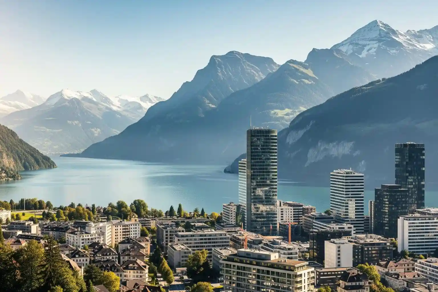 A panoramic view of a modern city next to a clear blue lake, surrounded by majestic snow-capped Swiss Alps under a bright sky.